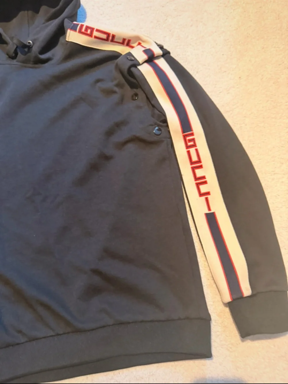 Gucci Navy Hoodie with Cream Sleeves and Red & Blue Stripes